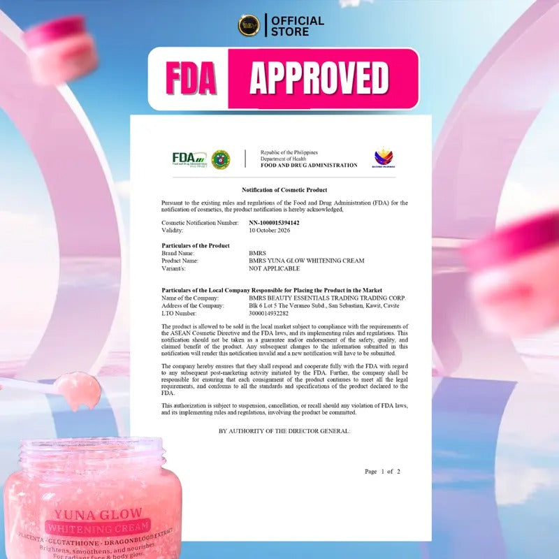 BMRS YUNA GLOW WHITENING CREAM with Placenta, Glutathione and Dragon Blood Extract for Body Glow