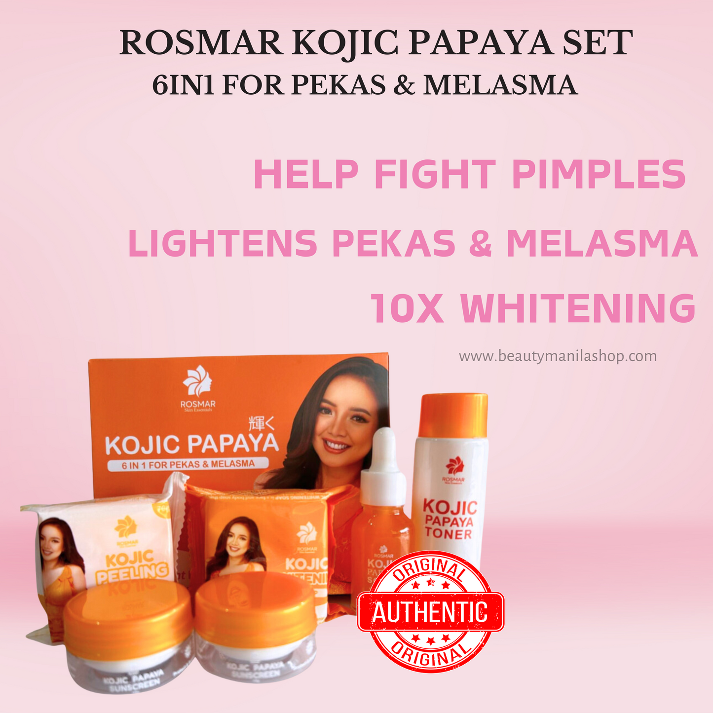 MOST EFFECTIVE SET ROSMAR KOJIC PAPAYA SET 6IN1 FOR GLASS SKIN, WHITENING,DARK SPOTS REMOVAL, PEKAS & MELASMA (BEST SELLER)