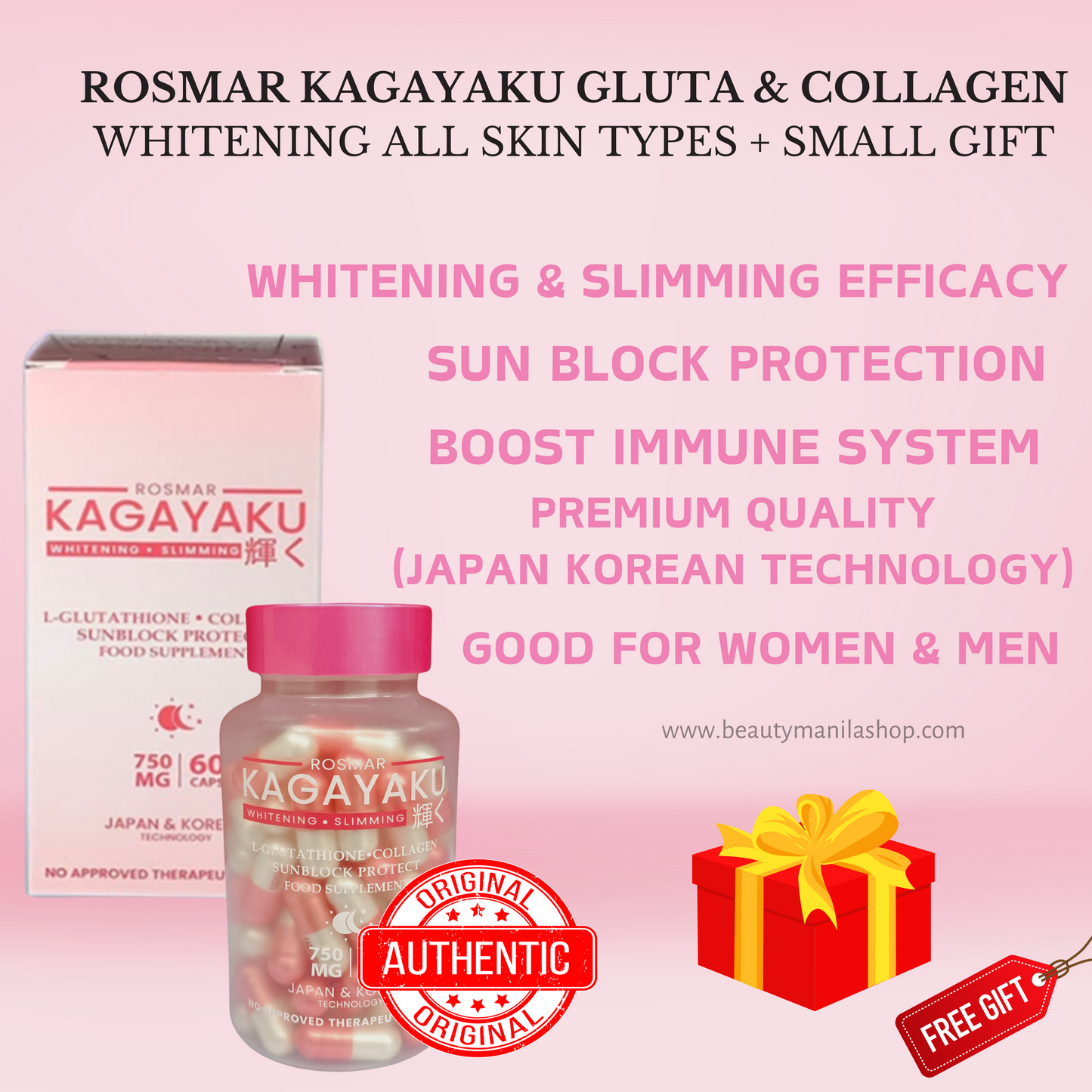 ROSMAR KAGAYAKU CAPS | Whitening & Slimming | Gluta , Collagen & Oral Sunblock 750mg 60 caps