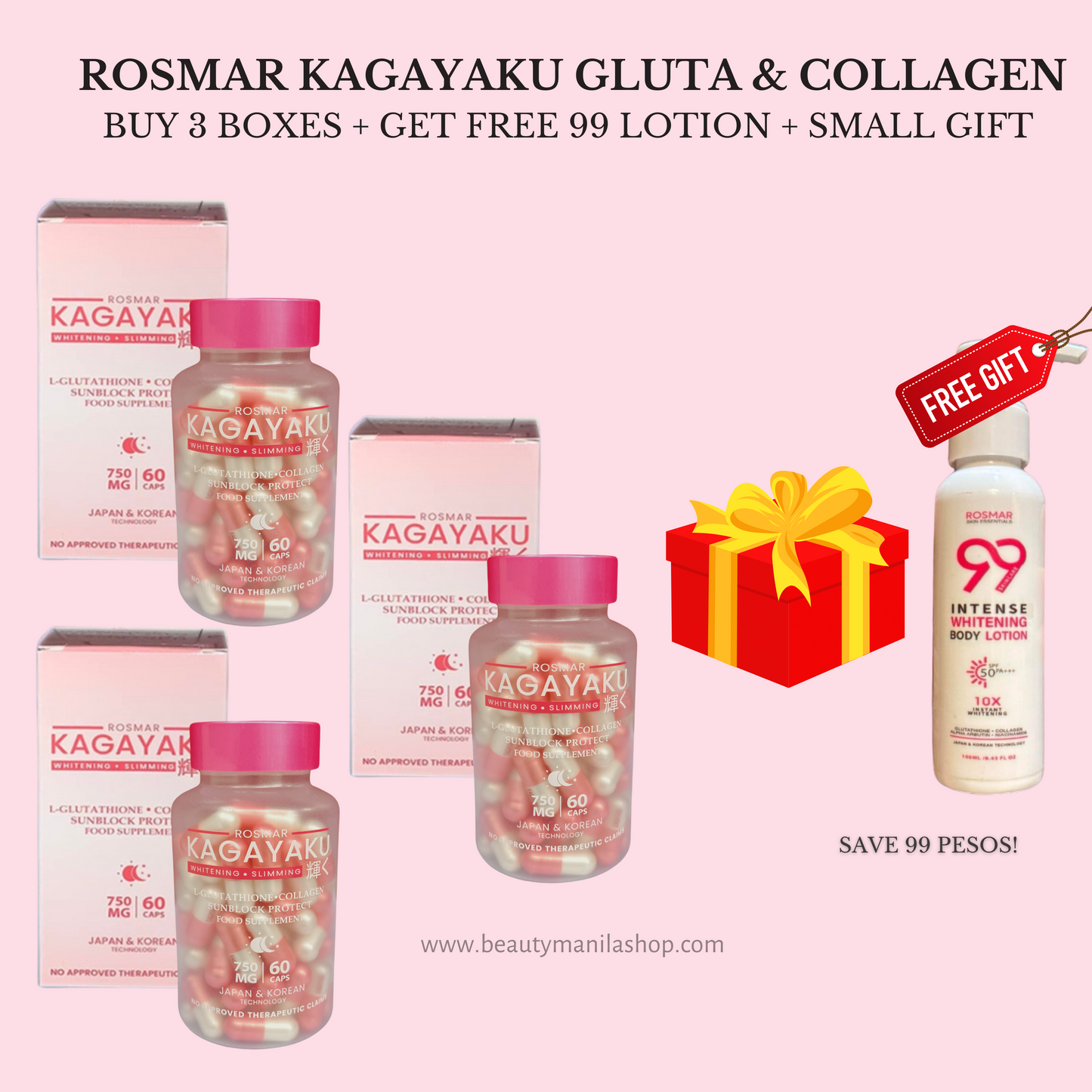 ROSMAR KAGAYAKU CAPS | Whitening & Slimming | Gluta , Collagen & Oral Sunblock 750mg 60 caps